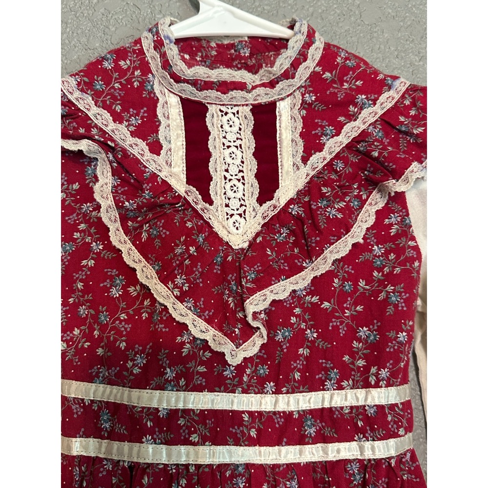 Vintage Gunne Sax Girls Dress 6X Burgundy Floral Lace Prairie Victorian Red - Picture 8 of 16